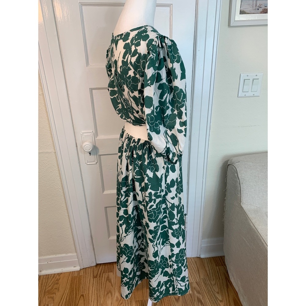 Green White Floral Garden Midi Wrap Dress Puff Sleeves Shea McGee Inspired SZ XL - Picture 9 of 16